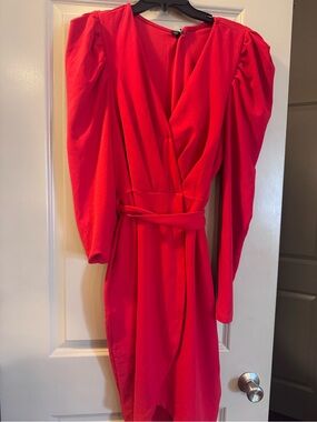 Fashion Nova Red Long-Sleeve Wrap Dress with Waist Tie